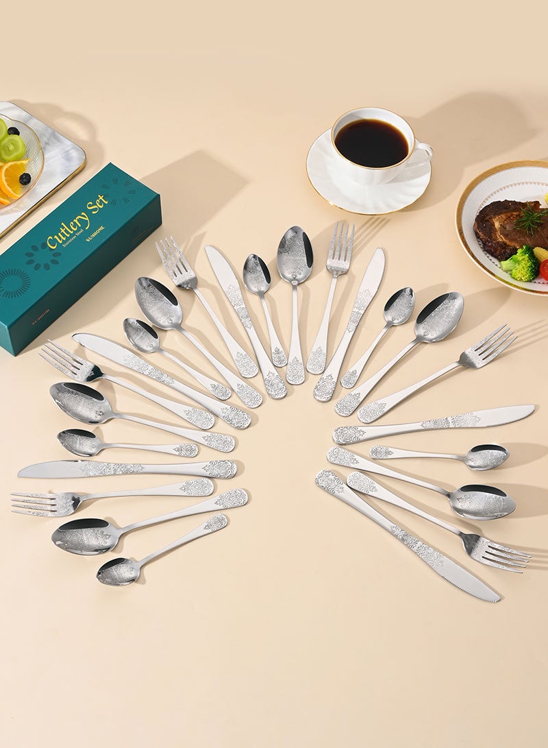 SUNHOME 24-Piece Stainless Steel Cutlery Set Silver, Elegant Floral Embossed Flatware Set for 6 Person, Mirror Polished Food Grade Tableware, Ideal for Home Kitchen, Party and Eid Gift - Image 3